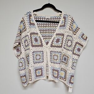 WRAP Multicolor Crochet Granny Square Women Sweater Kimono Cardigan Sz M, NEW